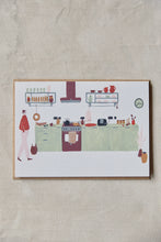 Load image into Gallery viewer, Shop at Settle | Harriet Watson Morning Coffee - charming hand illustrated colour greetings card showing the well-appointed kitchen in Settle's Lakeside Cabin, set on a pale timber background.