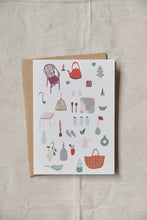 Load image into Gallery viewer, Shop at Settle | Harriet Watson Slow Sunday - charming hand illustrated colour greetings card detailing some of the considered features inside Carriage No. 3 at Settle, on a pale timber background.