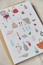 Load image into Gallery viewer, Shop at Settle | Harriet Watson Slow Sunday - charming hand illustrated colour greetings card detailing some of the considered features inside Carriage No. 3 at Settle, on a pale timber background.