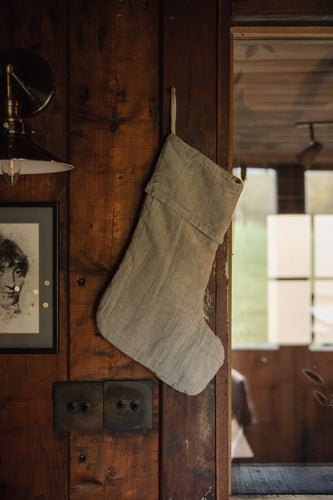 Beautiful natural pure organic linen stocking with loop for hanging, featured in one of Settle's renovated railway carriages at Settle Norfolk, UK | copyright Settle Norfolk, UK