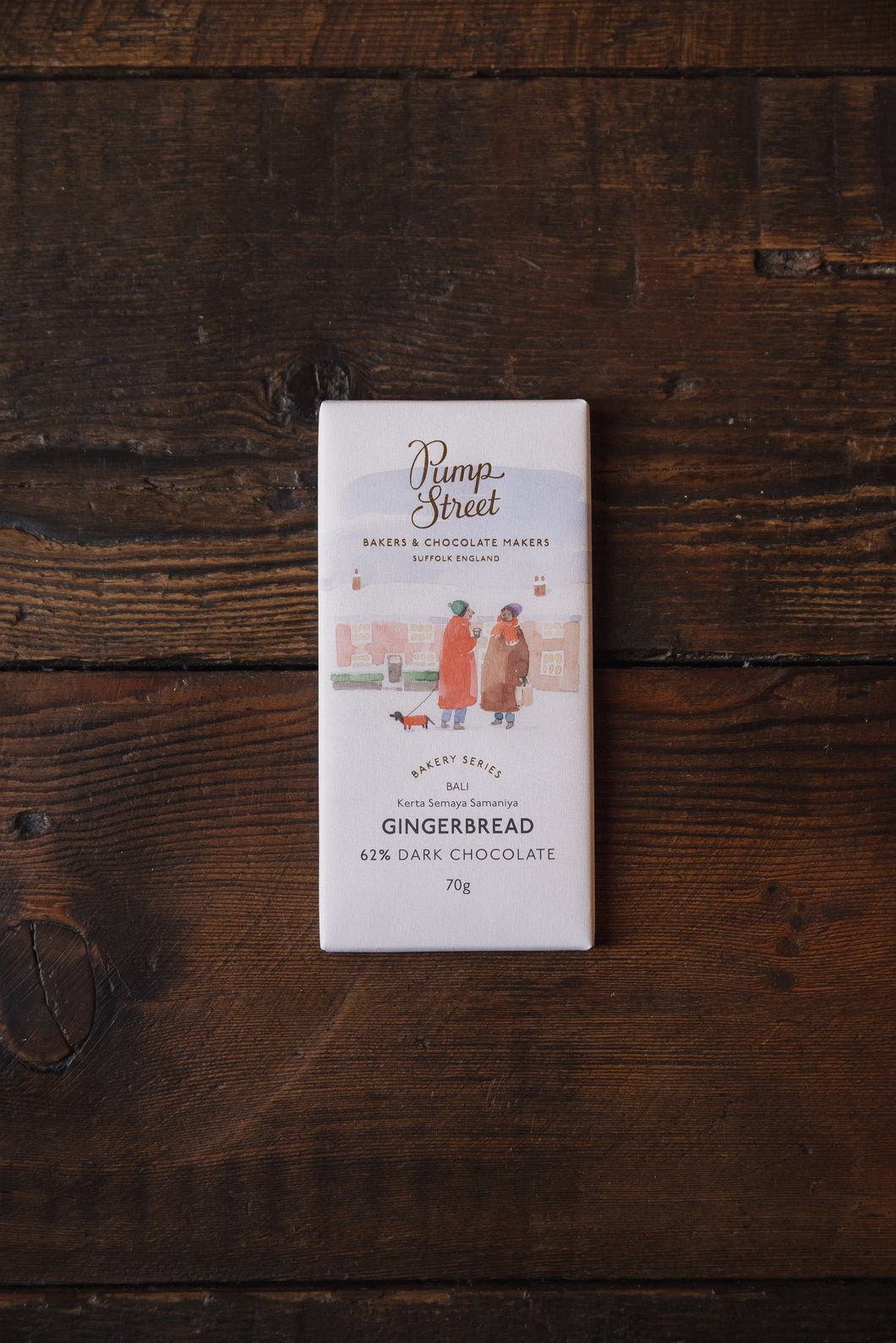 Bar of Pump Street Chocolate's Gingerbread Chocolate in hand-illustrated packaging at Settle Norfolk UK | Copyright Settle Norfolk, UK