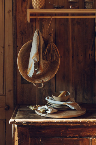 Natural Linen Kitchen Towel with Ochre Stripes