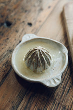 Load image into Gallery viewer, SETTLE | Every Story Ceramics - close-up of a ceramic citrus juicer handmade in pale speckled clay, holding freshly squeezed juice, on an antique timber work surface at Settle.