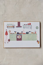 Load image into Gallery viewer, Shop at Settle | Harriet Watson Morning Coffee - charming hand illustrated colour greetings card showing the well-appointed kitchen in Settle&#39;s Lakeside Cabin, set on a pale timber background.    
