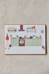 Shop at Settle | Harriet Watson Morning Coffee - charming hand illustrated colour greetings card showing the well-appointed kitchen in Settle's Lakeside Cabin, set on a pale timber background.    