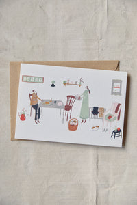 Shop at Settle | Harriet Watson Slow Sunday - charming hand illustrated colour greetings card of two guests enjoying the rustic interior of Carriage No. 1 at Settle, on a pale timber background.    