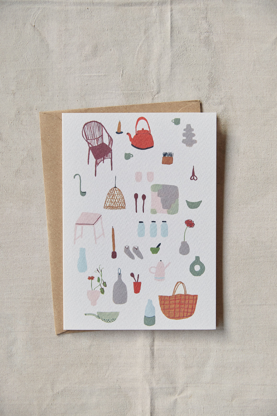 Shop at Settle | Harriet Watson Slow Sunday - charming hand illustrated colour greetings card detailing some of the considered features inside Carriage No. 3 at Settle, on a pale timber background.    